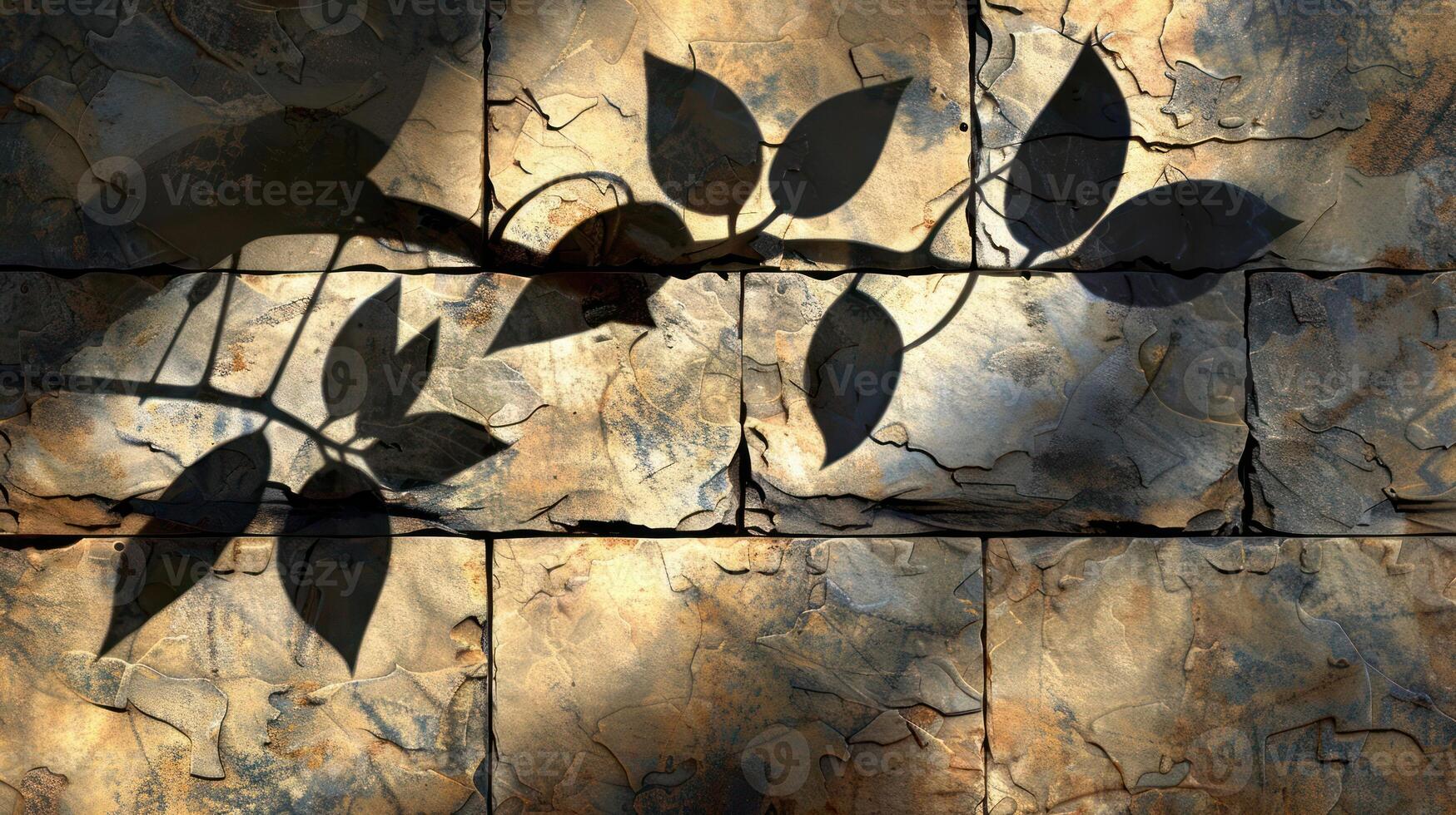 Shadow of a Leafy Vine on Textured Stone Wall with Natural Light Filtering Through photo