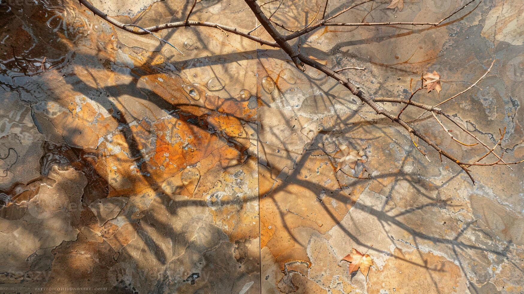 Abstract view of autumn leaves and branches casting shadows on a textured surface by a stream photo