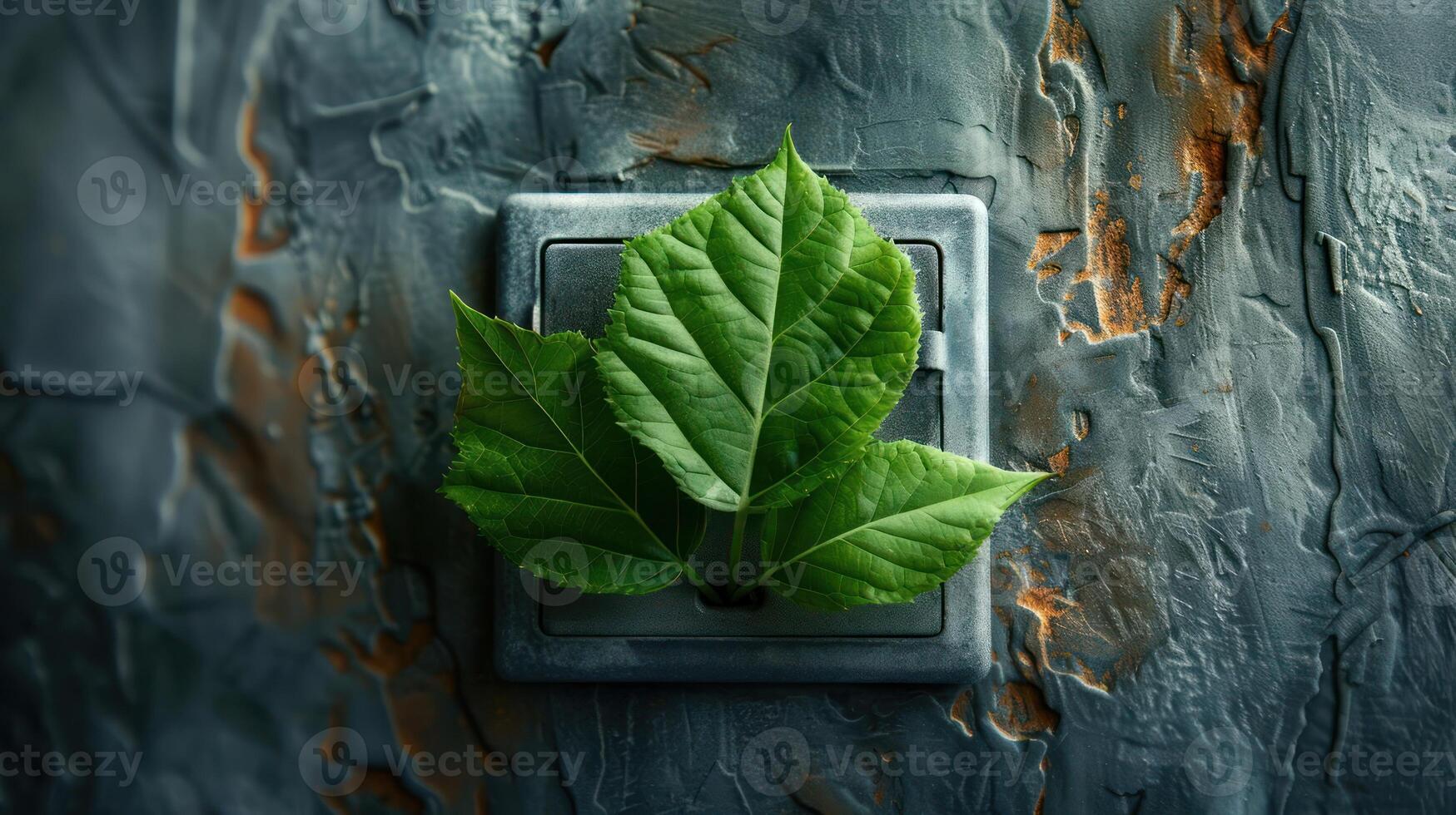 Fresh green leaves emerging from a weathered wall socket, symbolizing nature's resilience photo
