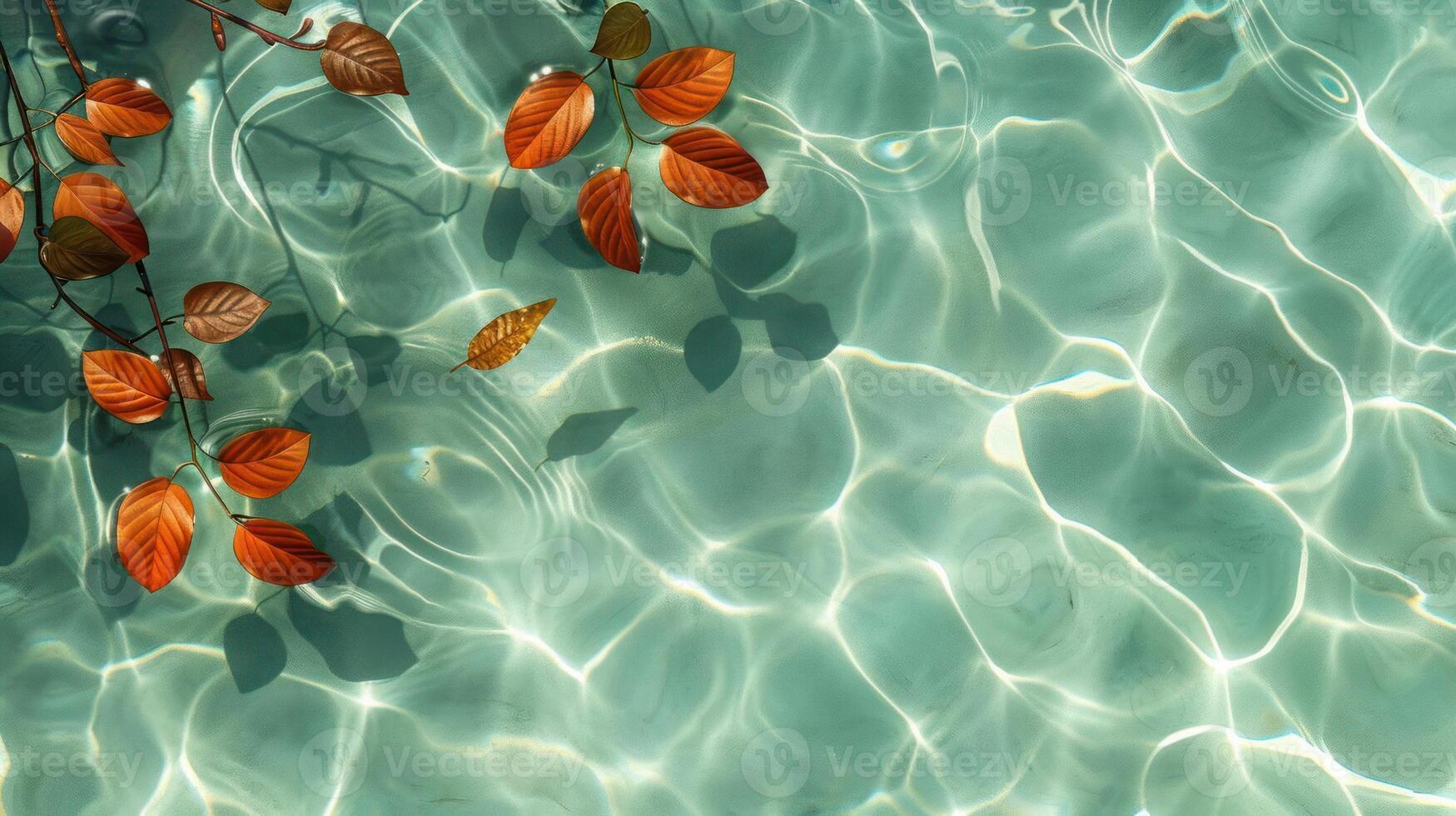 Tranquil water surface with autumn leaves floating, reflecting light in serene natural setting photo