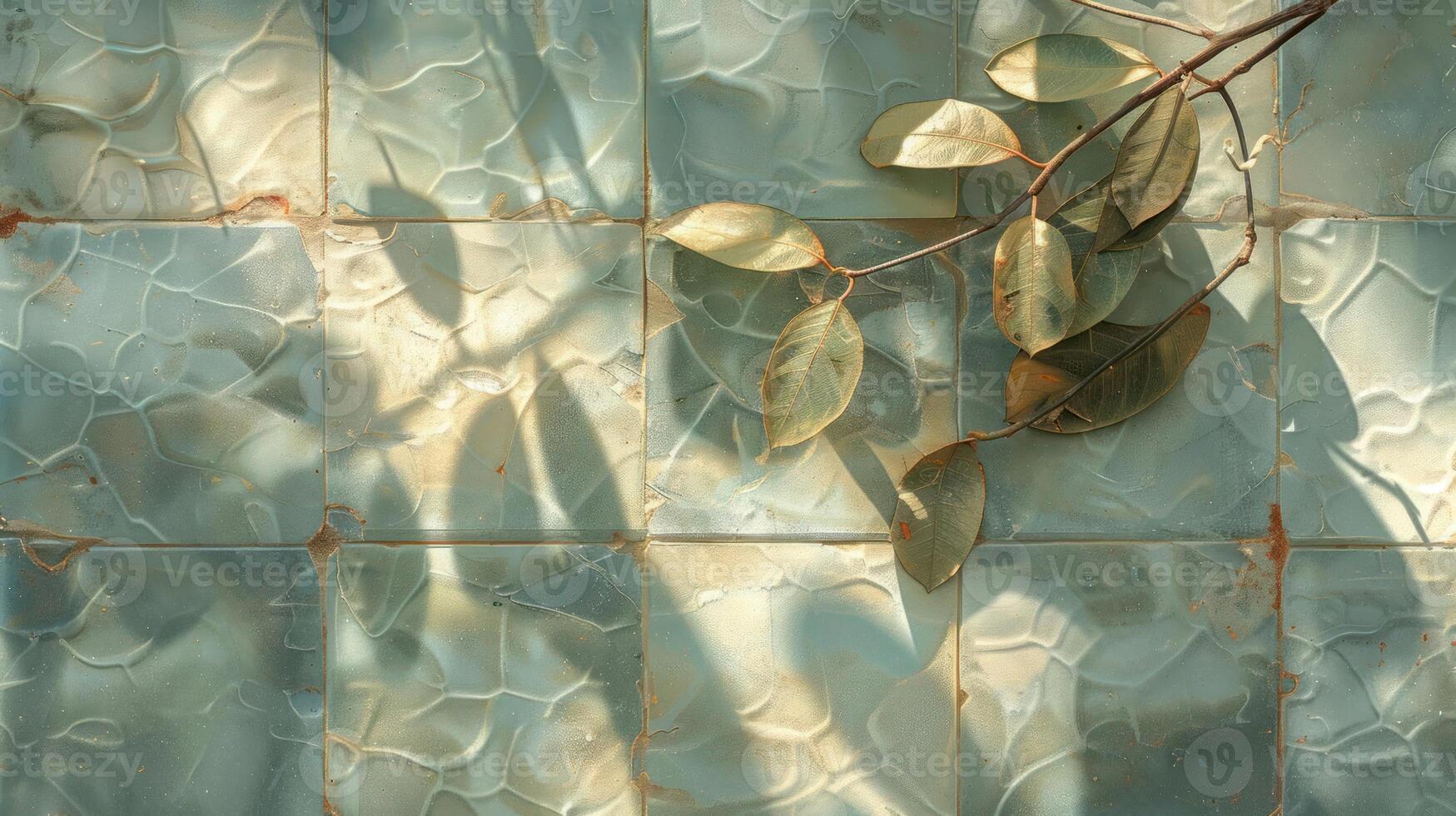 Sunlight casting shadows on textured tiles with green leaves, creating a serene atmosphere photo