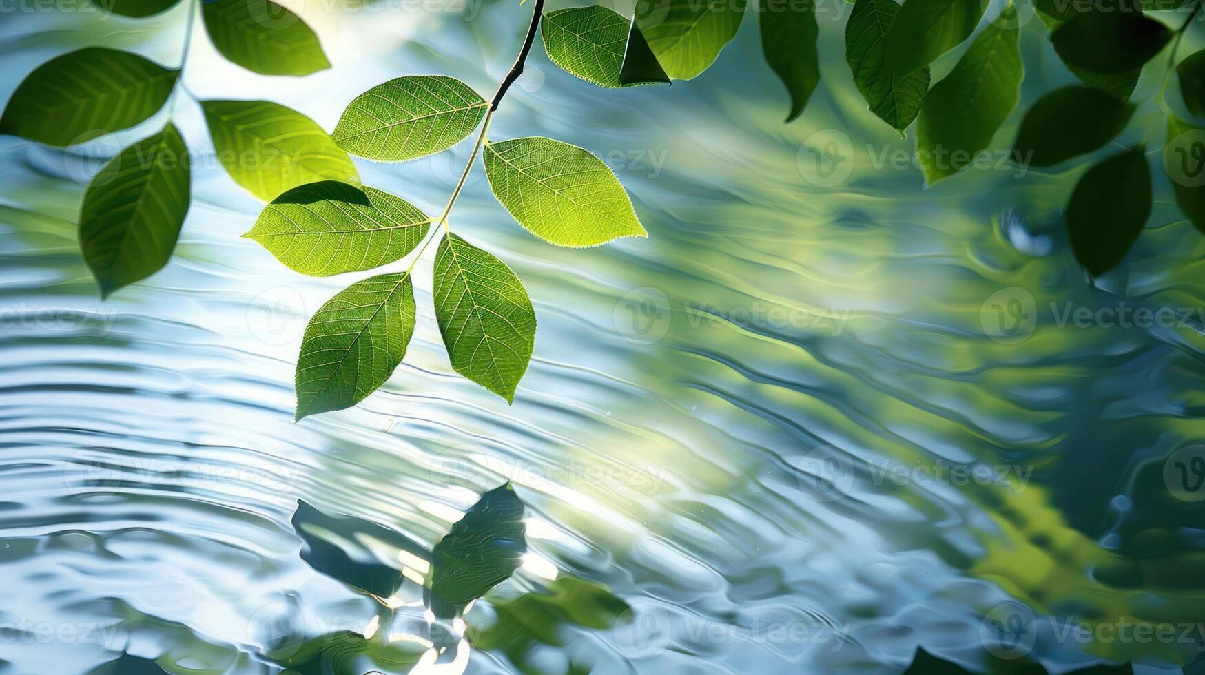 Lush green leaves gently hanging over a serene water surface with soft ripples reflecting light photo