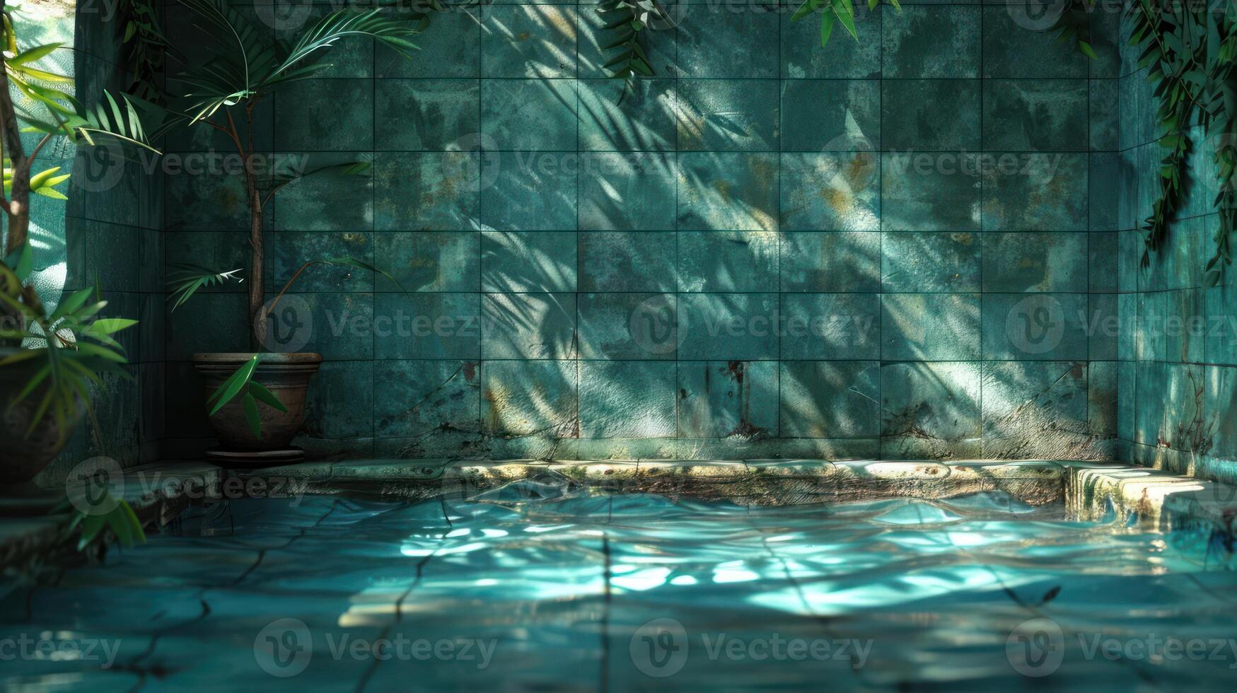 Serene indoor oasis with turquoise tiled walls, sunlight casting shadows, and lush greenery photo