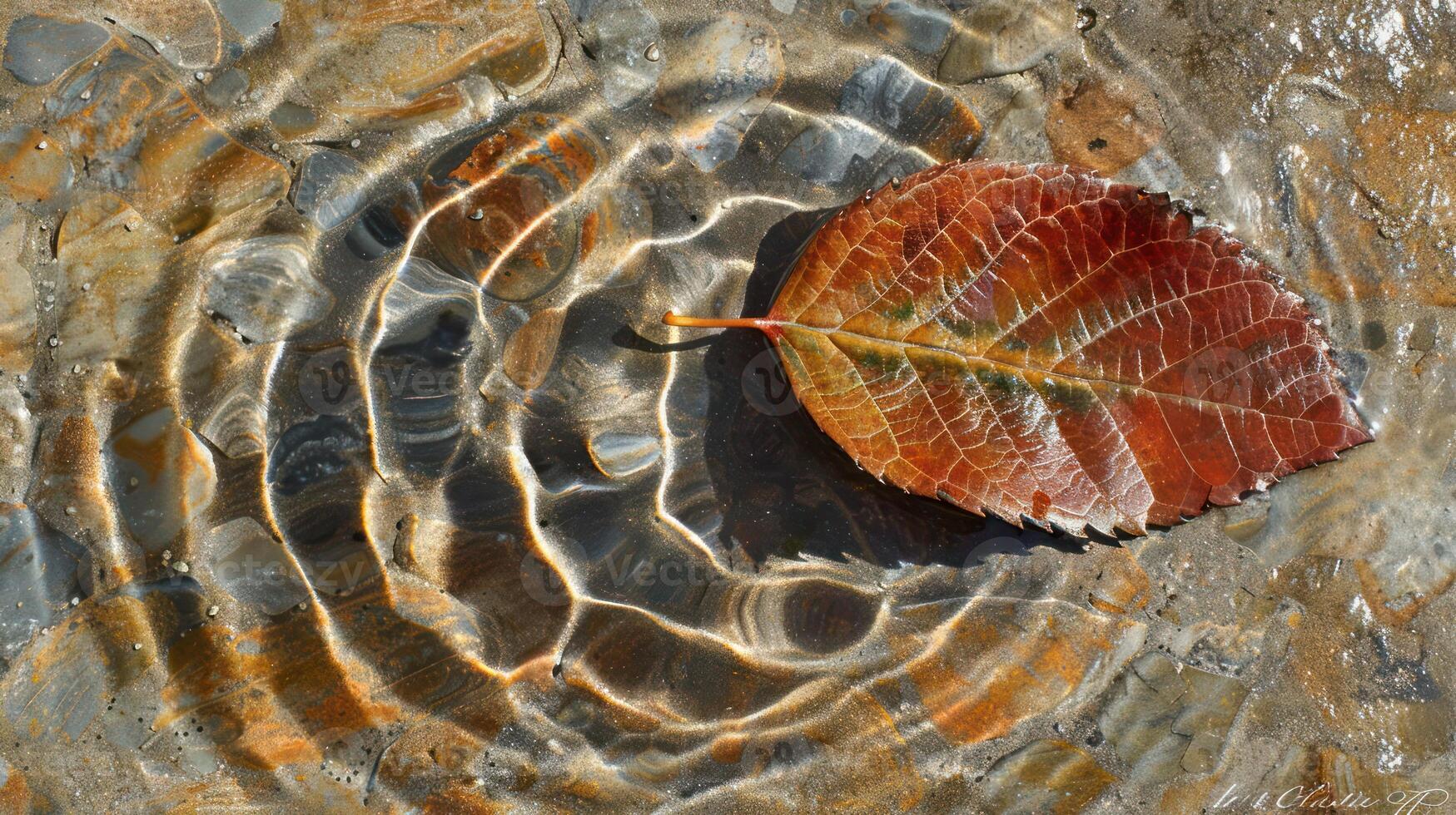 Close-up of a vibrant autumn leaf resting on the water surface, creating ripples in a serene environment photo
