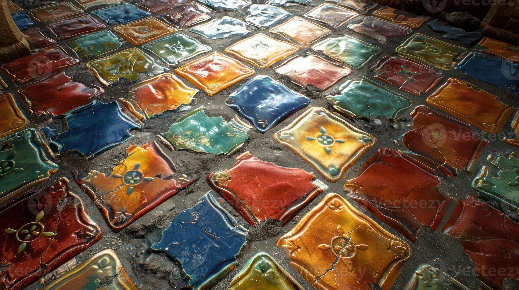 Colorful patterned tiles create a vibrant floor in a historic building with natural light photo