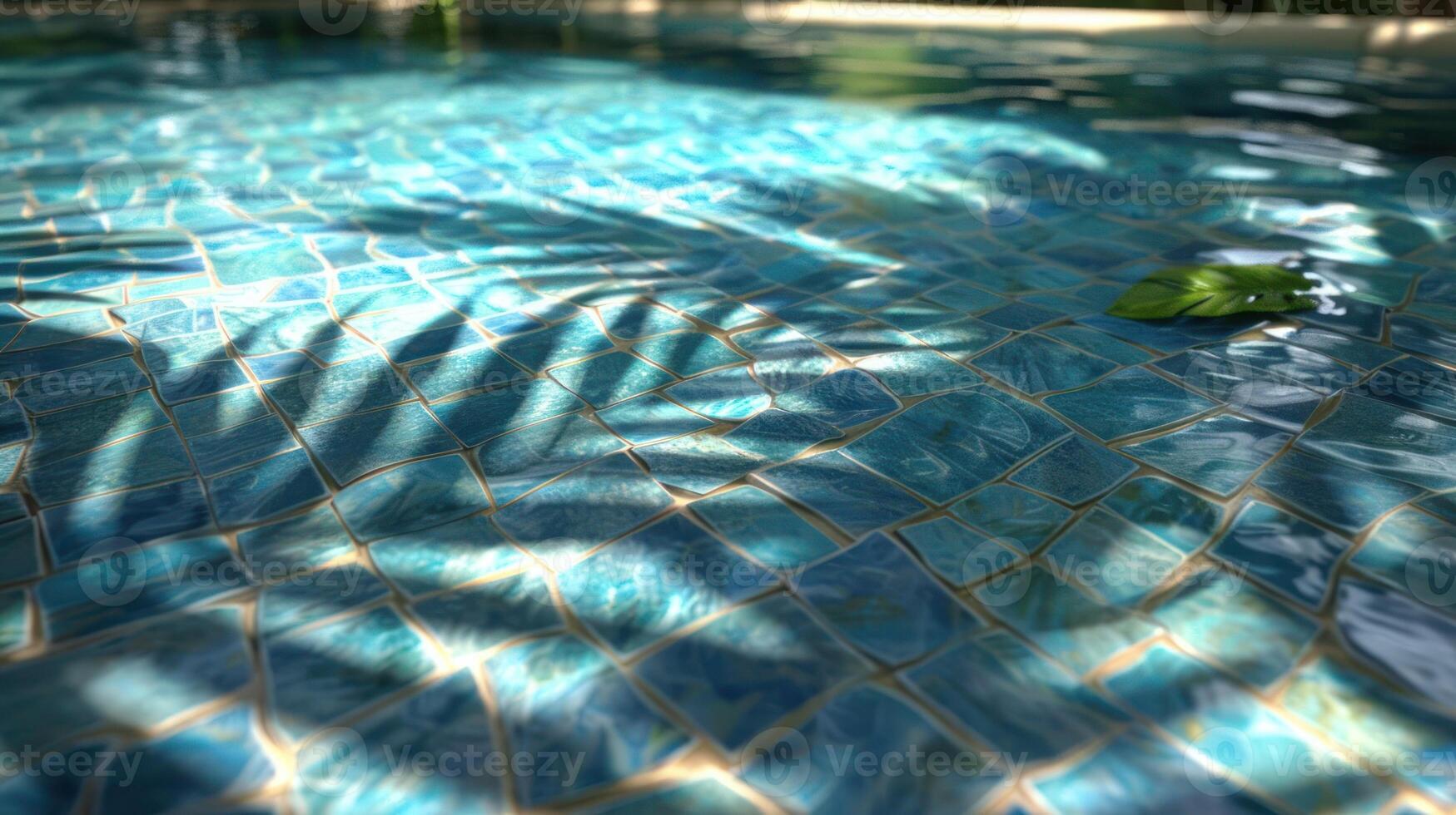 Tranquil pool water reflecting sunlight with palm shadows and a leaf floating nearby photo