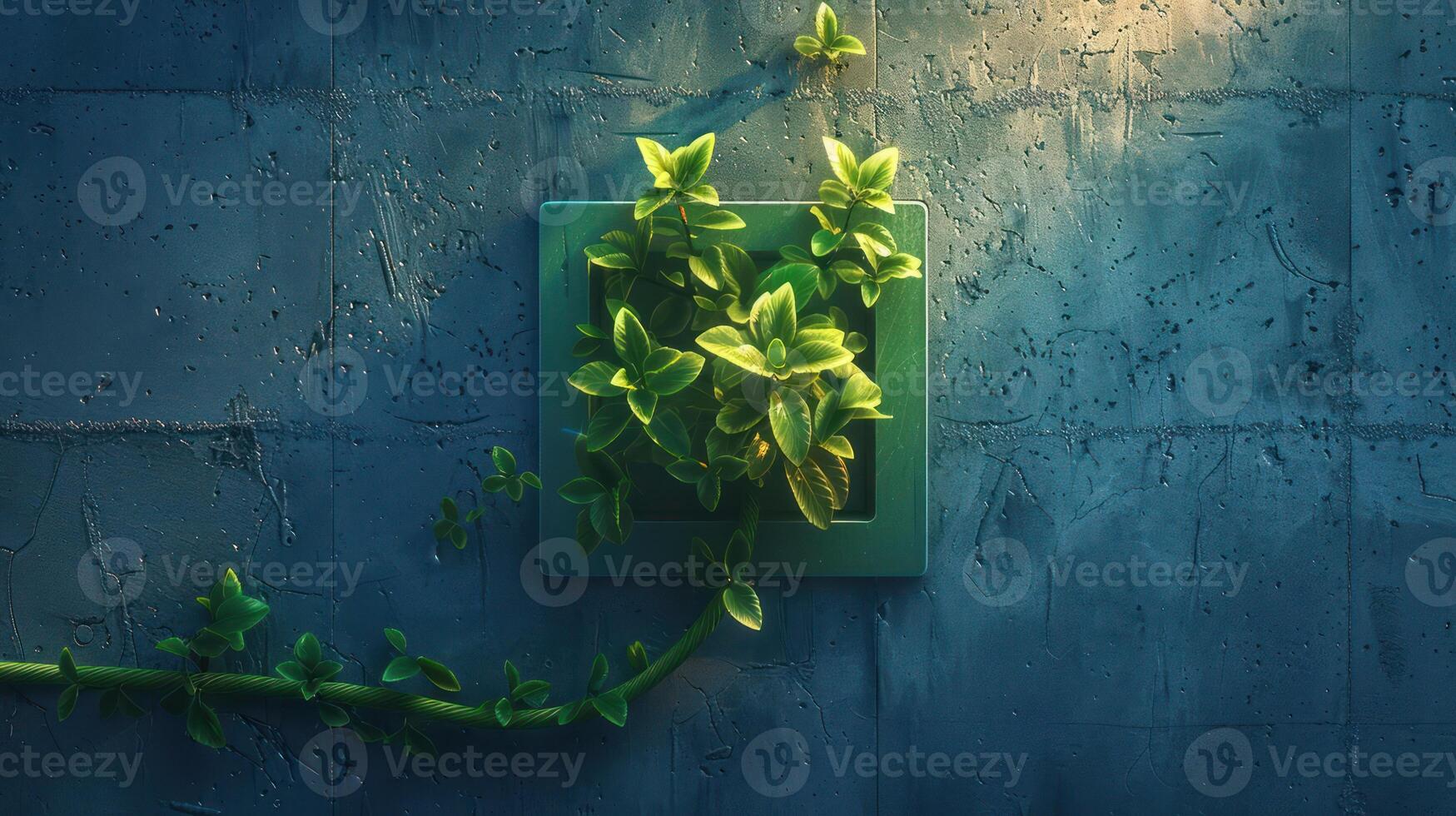Lush green plant emerging from a square planter against a textured blue wall, creating a serene atmosphere photo