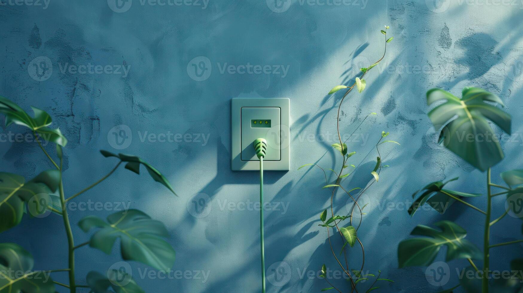 Green wall outlet surrounded by lush plants, sunlight casting shadows, evoking tranquility photo