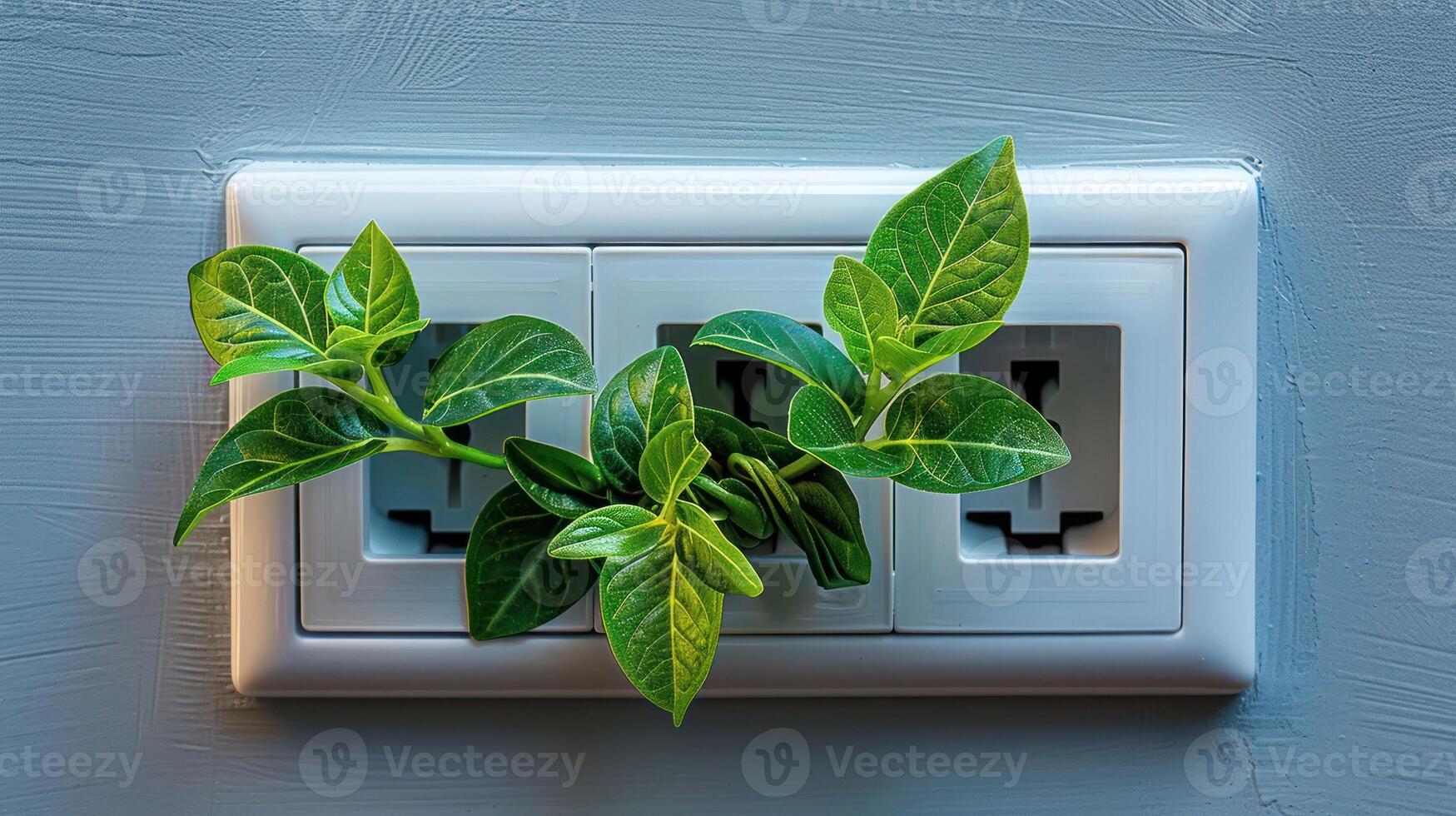 Green plants emerging from a wall socket, symbolizing nature reclaiming urban spaces photo