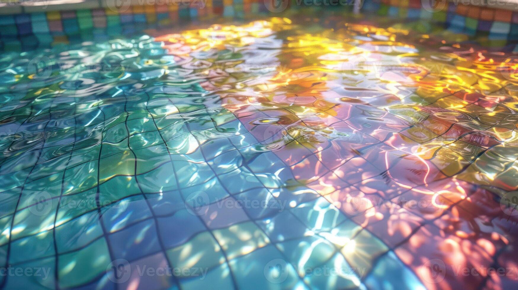 Colorful reflections on a tiled pool surface, showcasing vibrant light patterns and serene water photo