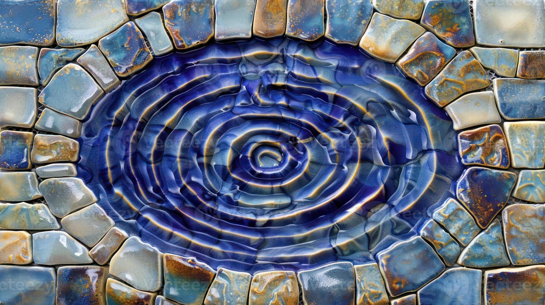 Close-up of a vibrant mosaic design featuring blue ripples in a stone pattern, ideal for art projects photo