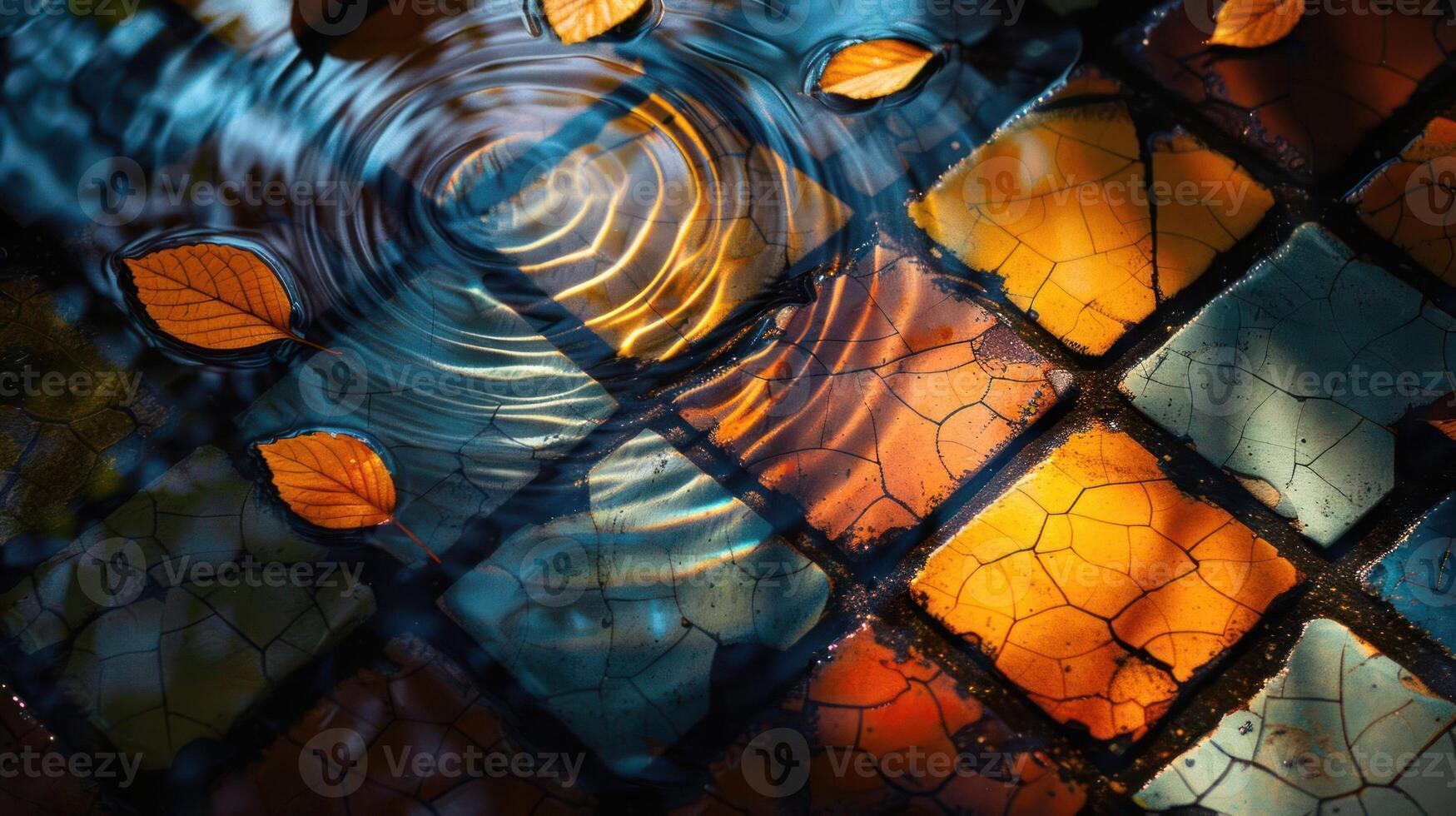 Tranquil water reflections on colorful tiles with autumn leaves, creating a serene atmosphere photo