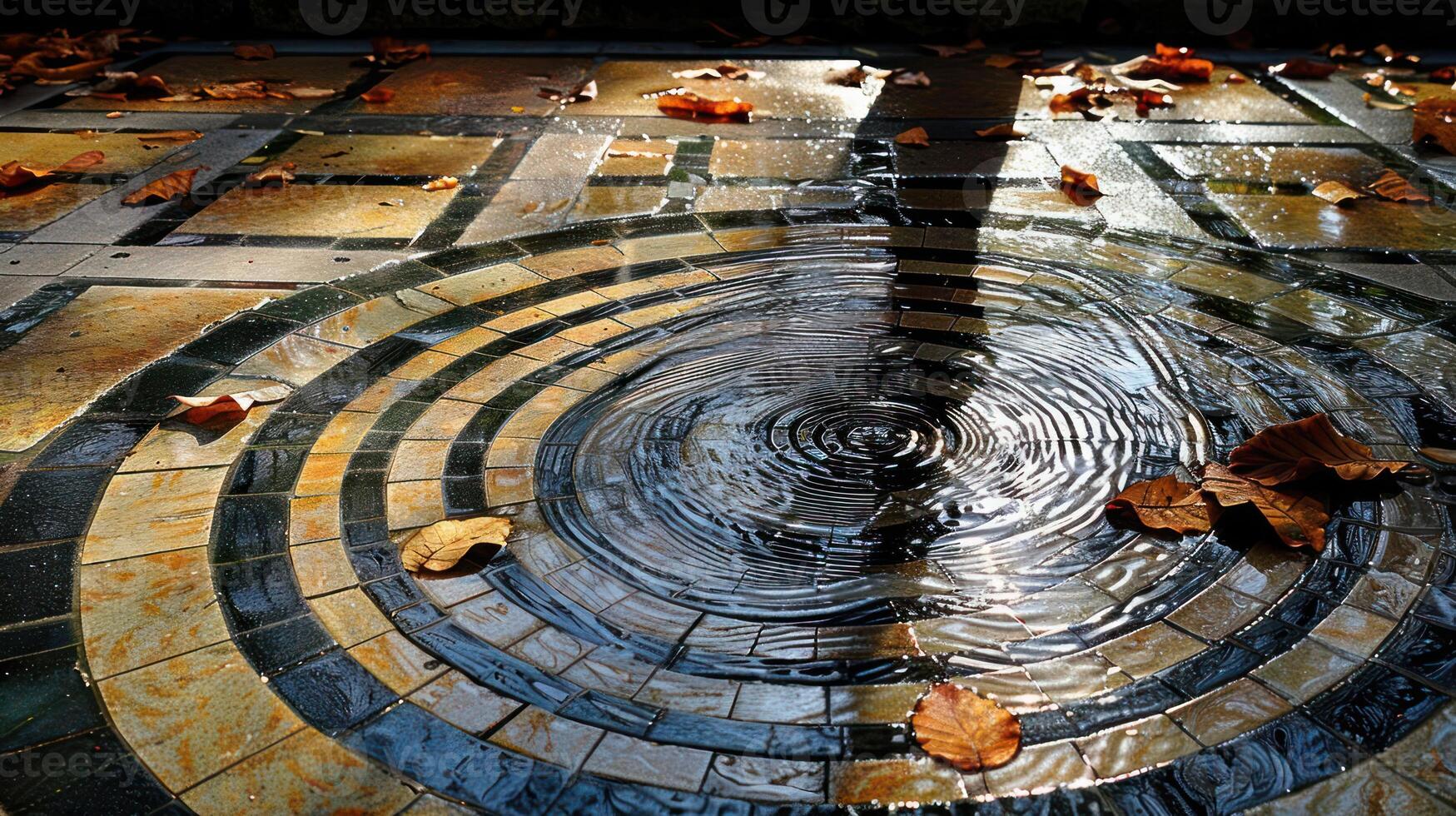 Circular patterns of rippling water with fallen leaves in a tranquil outdoor setting photo