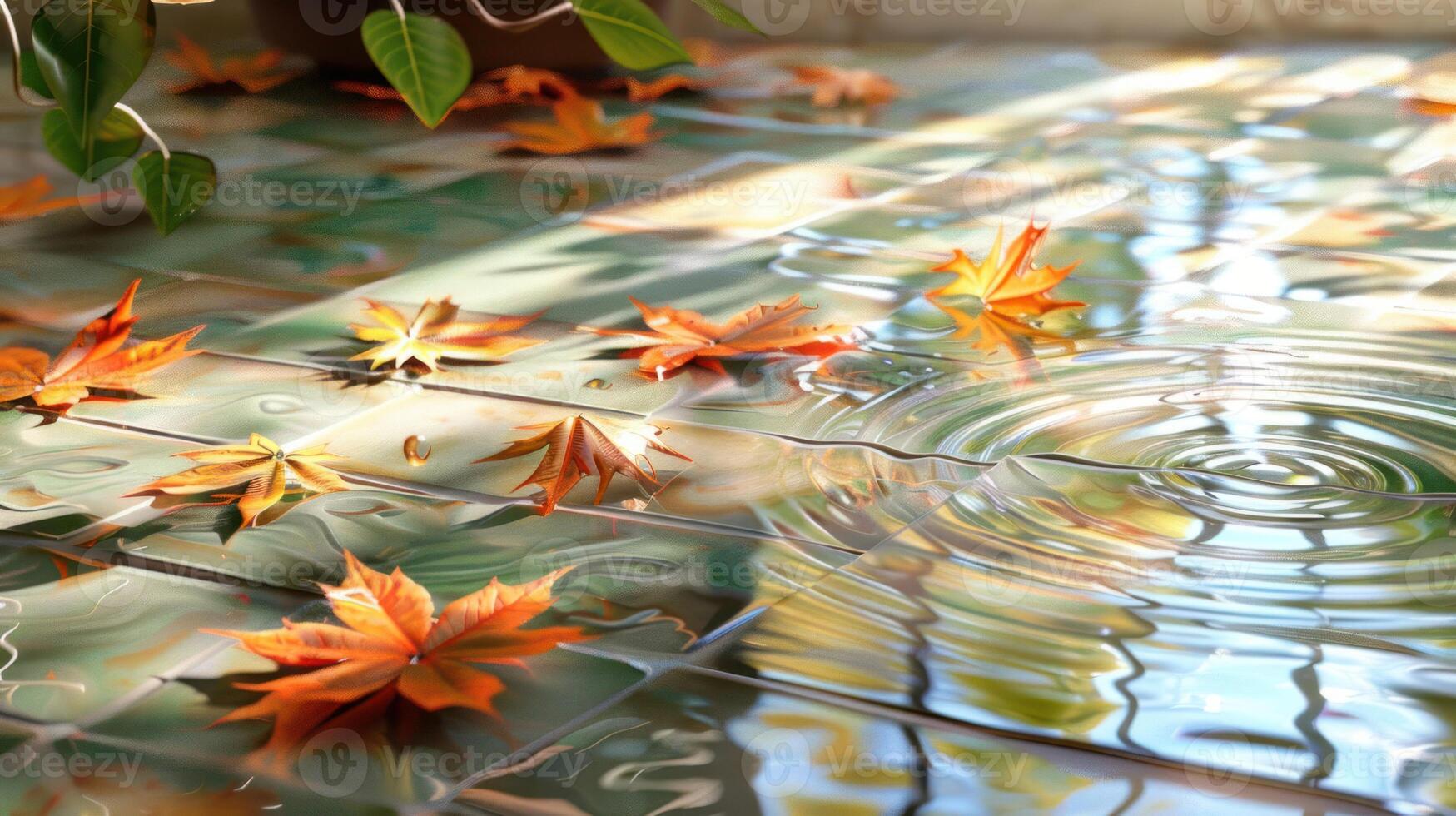 Tranquil scene of autumn leaves floating on water tiles, sunlight casting reflections nearby photo