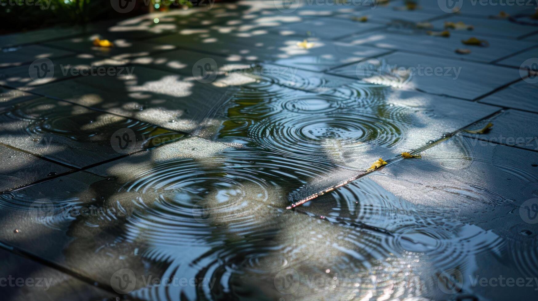 Rainwater pooling on stone pavement with shadows of leaves creating intricate patterns photo