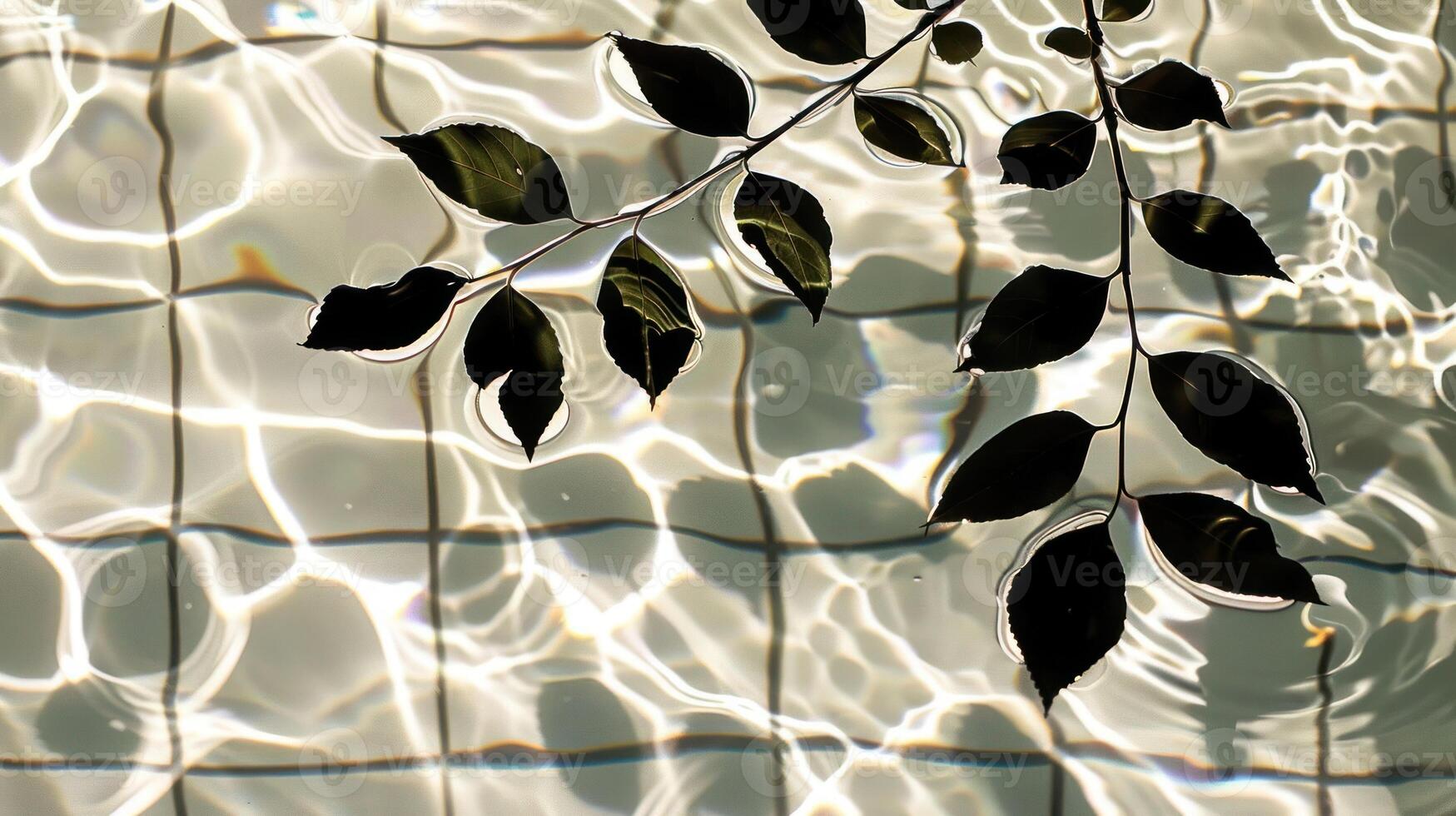 Serene water surface with reflections, a branch of leaves floating gracefully above tiles photo