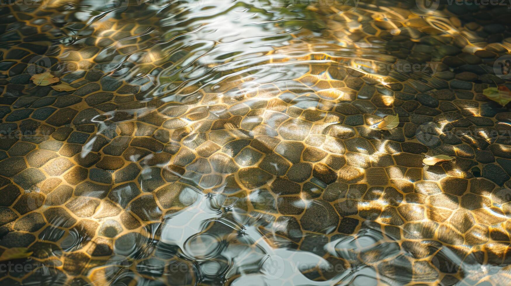 Serene water surface reflecting sunlight over textured stones in a tranquil outdoor setting photo