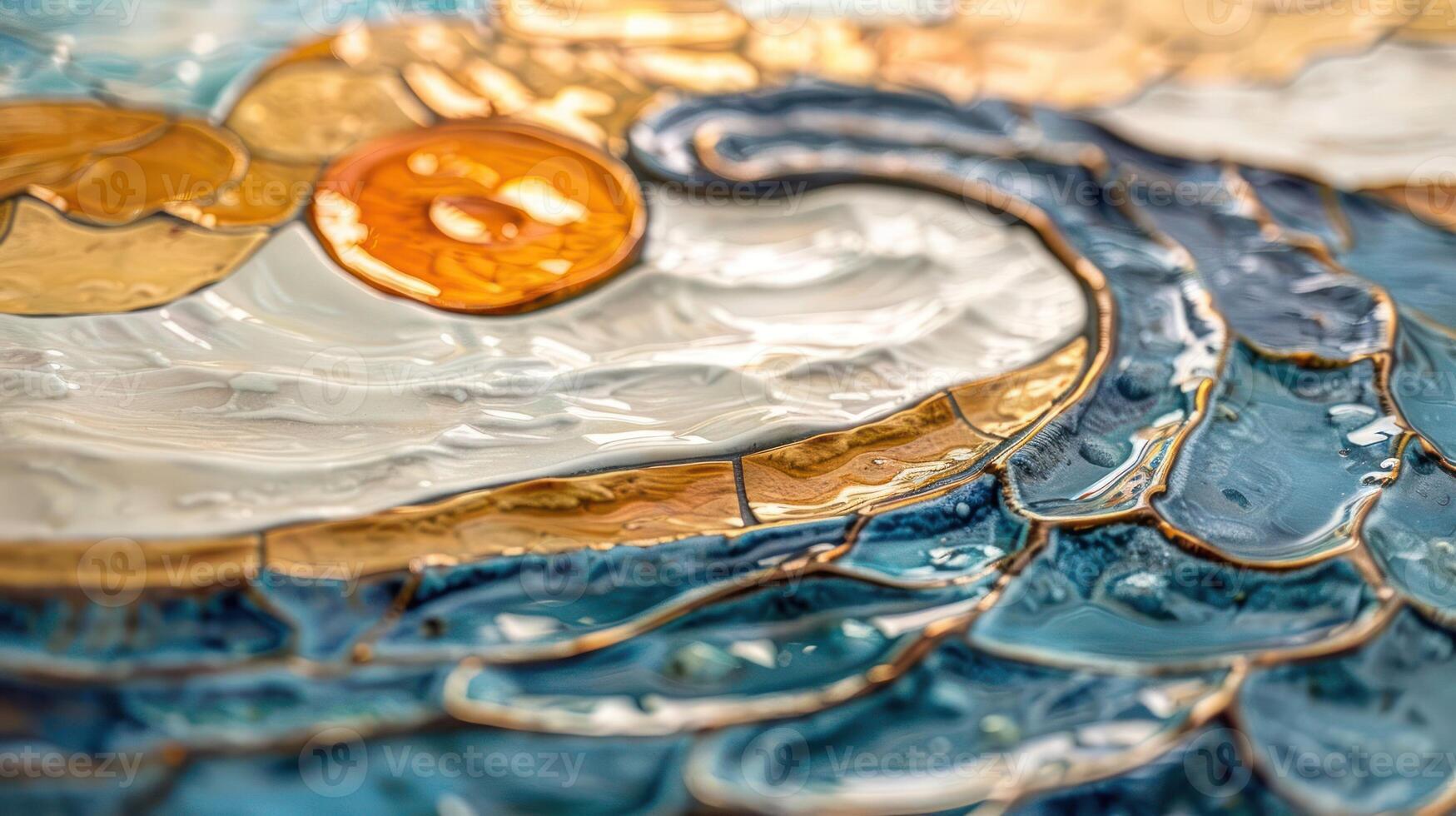 Close-up view of a textured wave with a vibrant sun, showcasing intricate details and colors photo
