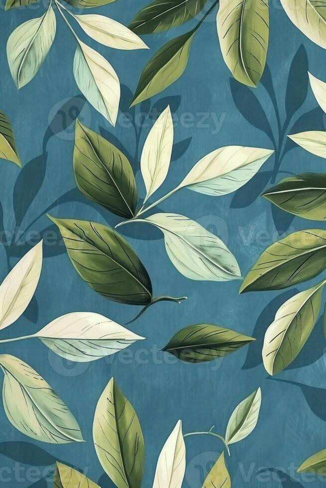 A vibrant pattern of green and light leaves on a textured blue background, ideal for design use photo
