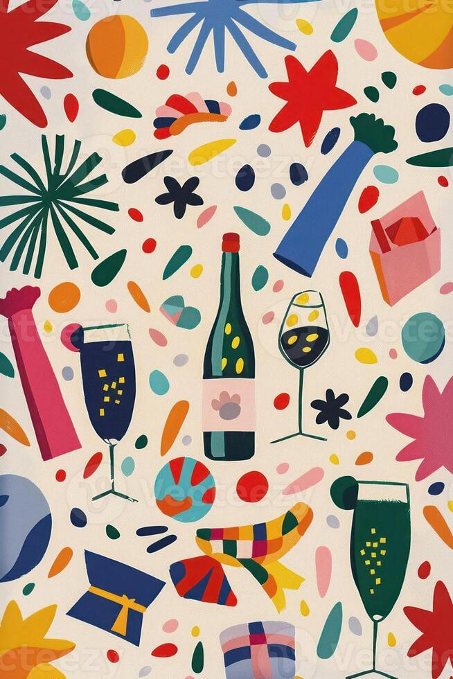 Colorful abstract illustration featuring various drinks, festive elements, and playful shapes photo
