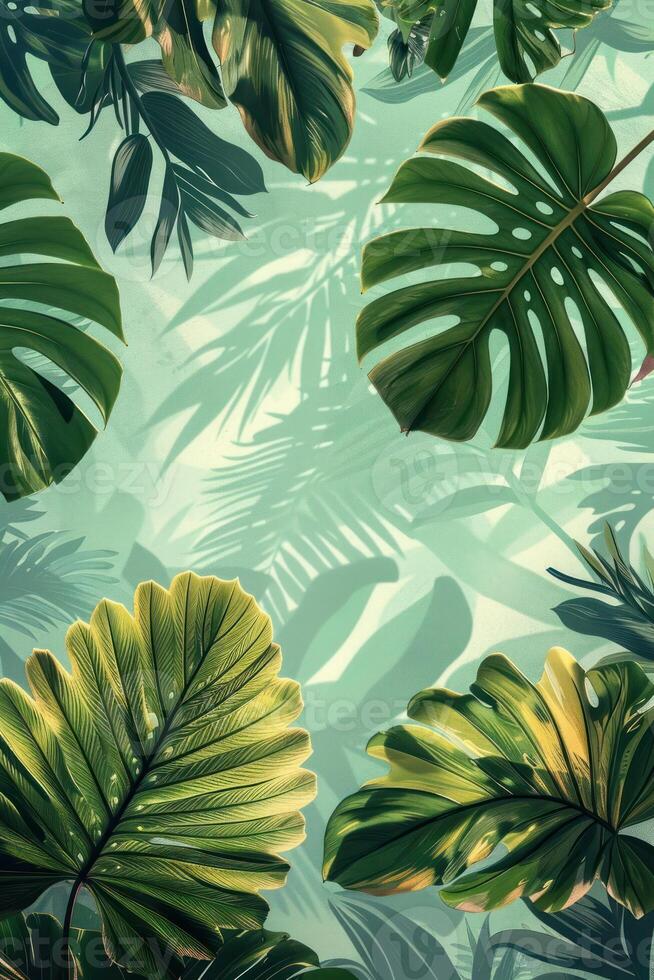 Lush green tropical leaves with varying shapes and sizes creating a vibrant background scene photo
