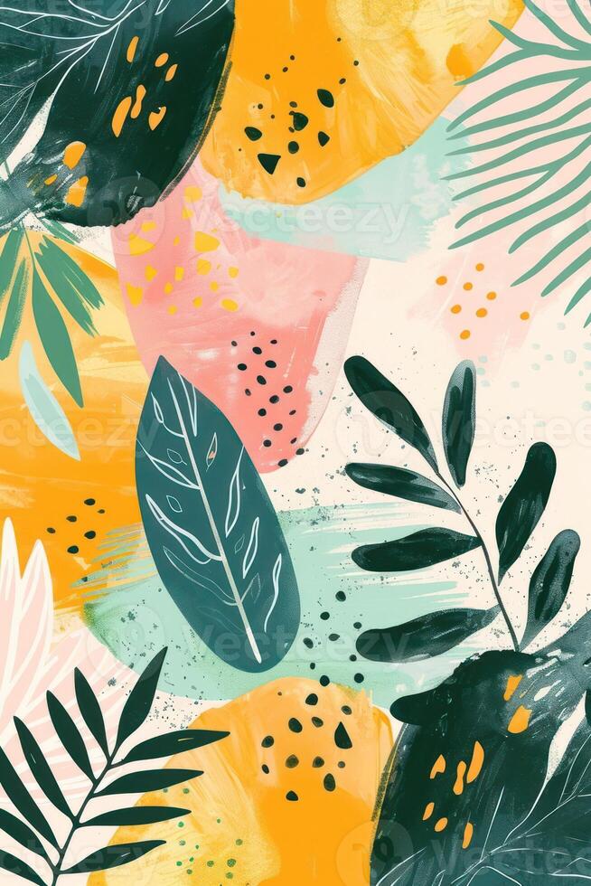 Colorful abstract design featuring tropical leaves and shapes on a textured background photo