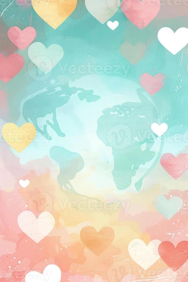 Colorful abstract illustration of the Earth surrounded by hearts, symbolizing love and unity photo