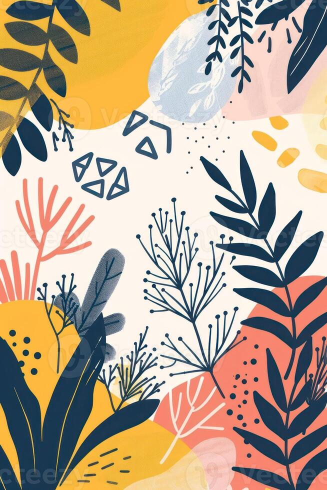 Colorful abstract foliage design featuring various plants and shapes on a light background photo
