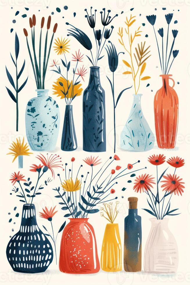 A vibrant collection of decorative vases with various flowers, set against a light background photo