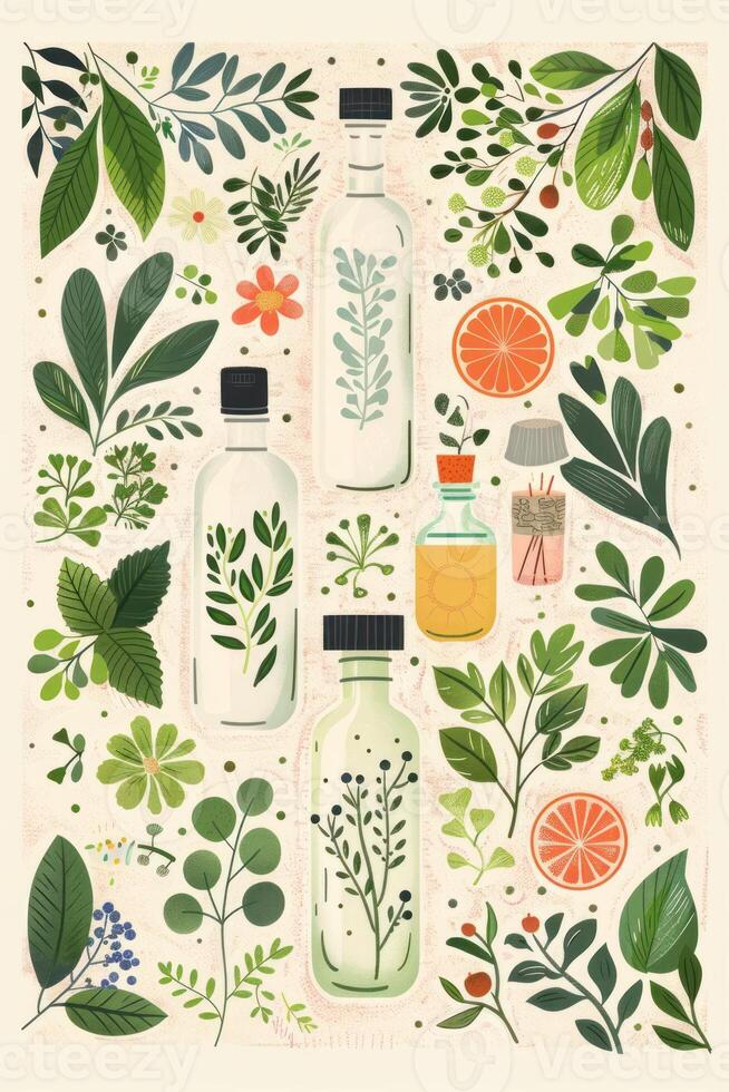 A vibrant illustration of various bottles surrounded by lush green leaves and colorful flora photo