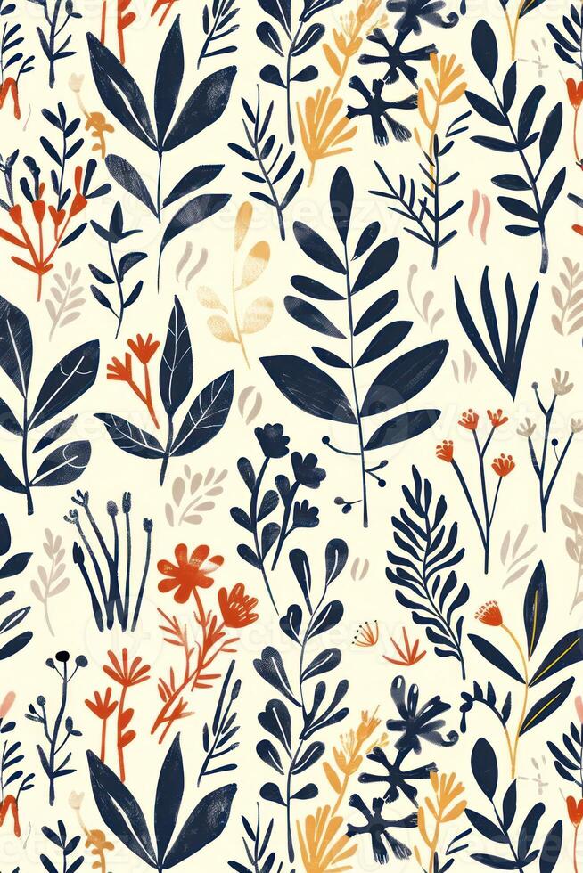 Vibrant floral pattern featuring various plants and flowers on a light background, ideal for textiles photo