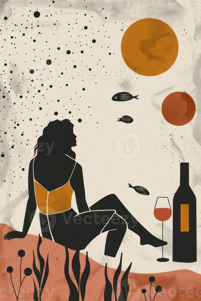 Silhouette of a woman enjoying wine by the water under a starry sky with floating fish photo