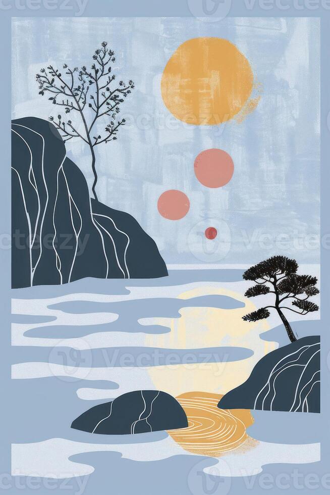 Serene landscape with abstract sun and trees reflecting in calm waters at sunset photo