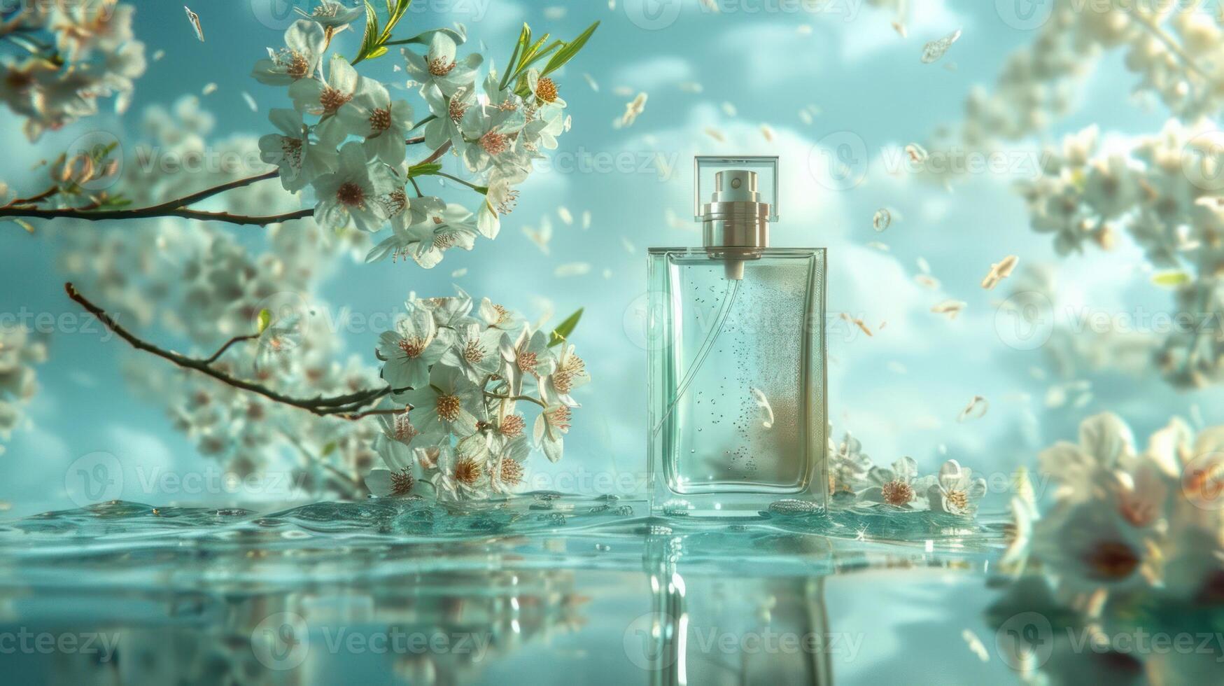 Elegant perfume bottle surrounded by cherry blossoms, reflecting in serene water under a blue sky photo