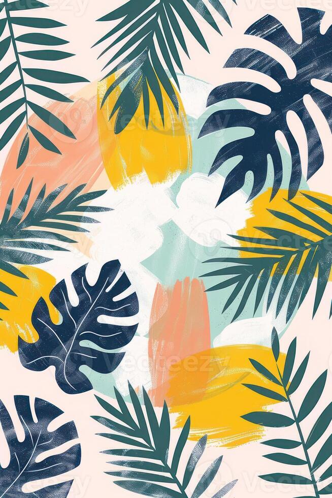 Colorful abstract tropical leaves pattern with vibrant brush strokes on a soft background photo