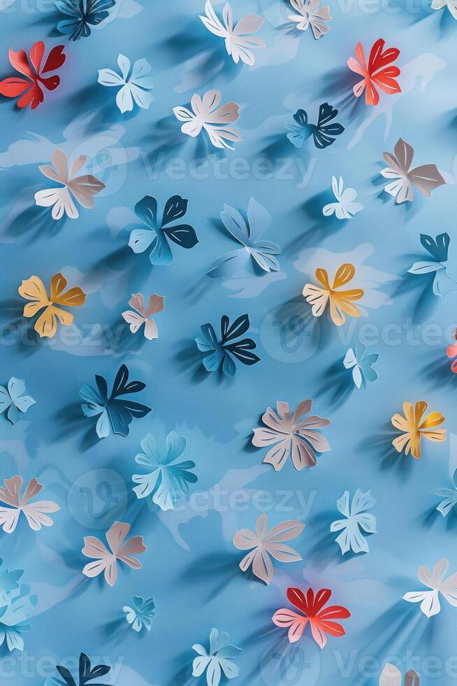 Colorful paper flowers scattered on a blue background, creating a vibrant, artistic pattern photo