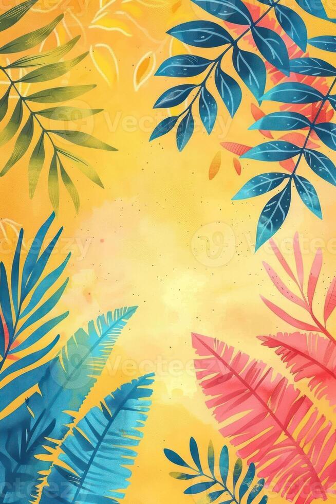 Vibrant Tropical Leaves Framing a Bright Yellow Background with a Soft Glow Effect photo