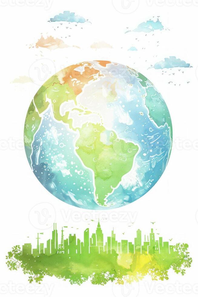 Colorful watercolor illustration of Earth with city skyline and clouds in the background photo