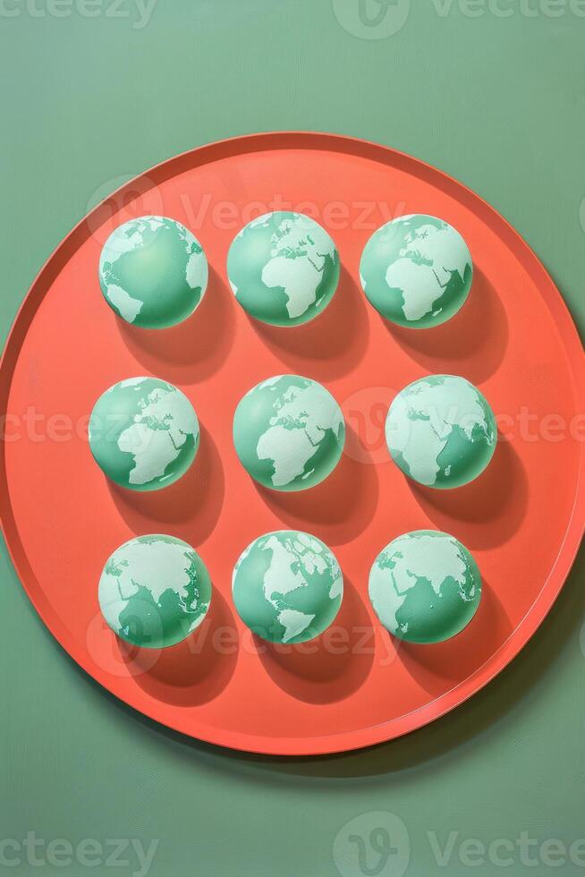 Ten small globe models arranged on a vibrant coral tray against a green backdrop, symbolizing global awareness photo