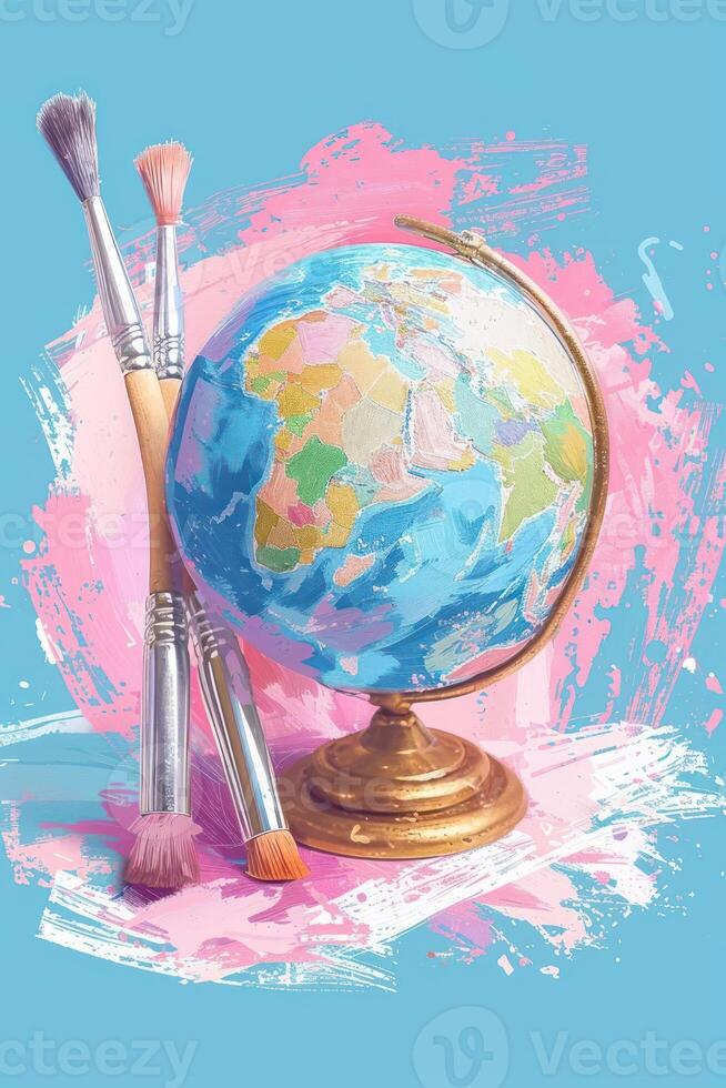 Vibrant globe with paintbrushes, symbolizing creativity and exploration on a colorful background photo