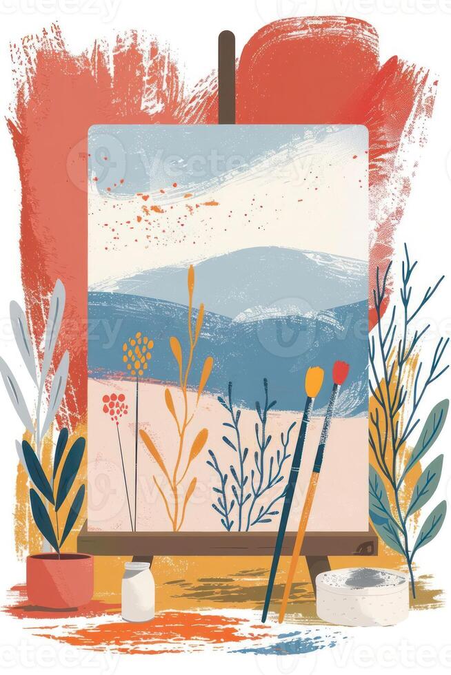 A vibrant painting on an easel depicting a tranquil landscape with colorful plants photo