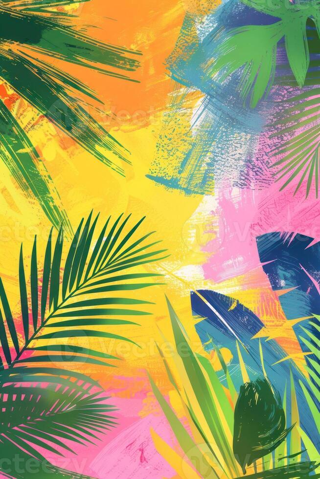 Vibrant tropical foliage with colorful brush strokes creating a lively summer atmosphere photo