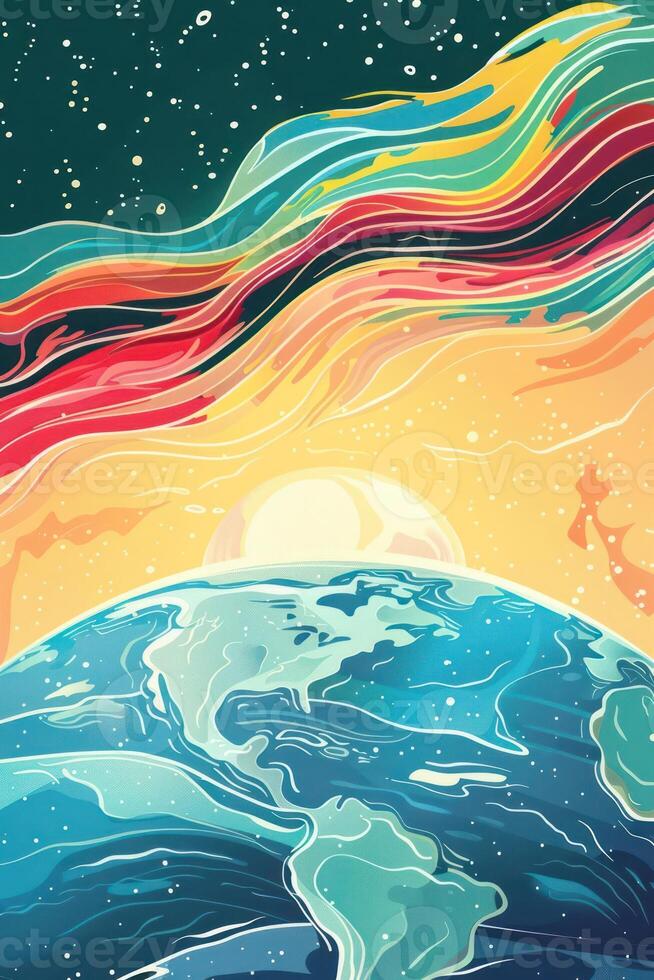Vibrant cosmic landscape with Earth and colorful waves, showcasing a celestial sunrise photo