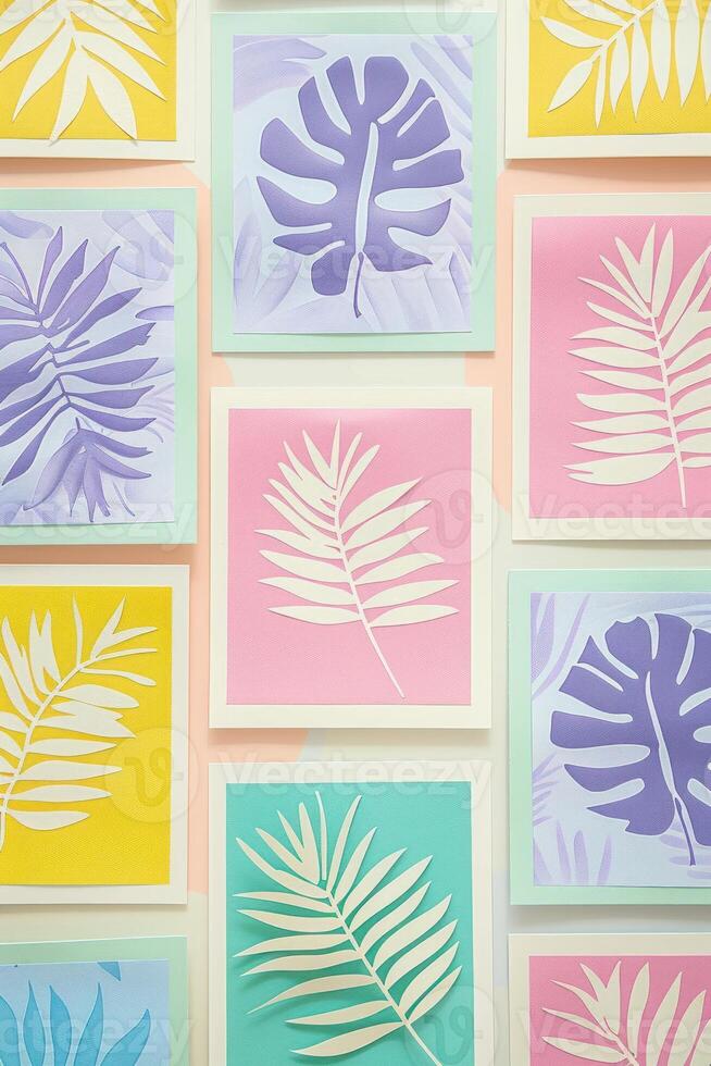 Colorful botanical art prints displayed in a modern gallery setting with vibrant backgrounds photo