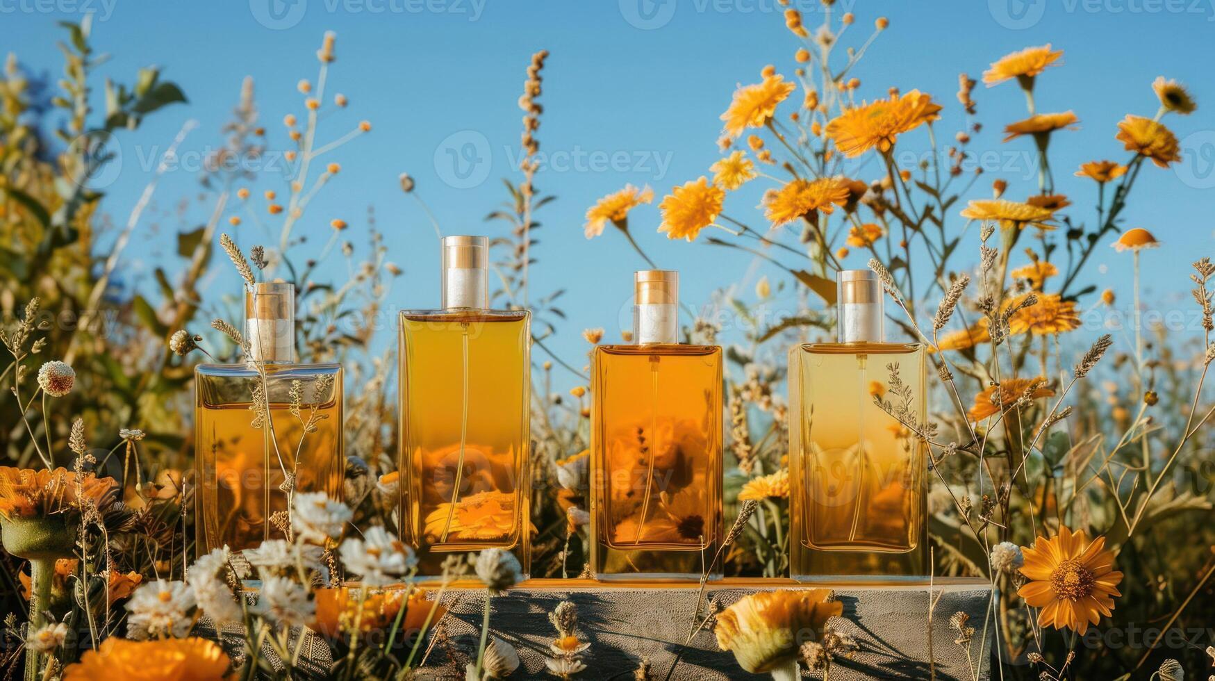 Four elegant glass bottles filled with golden liquid, surrounded by vibrant flowers under a clear sky photo