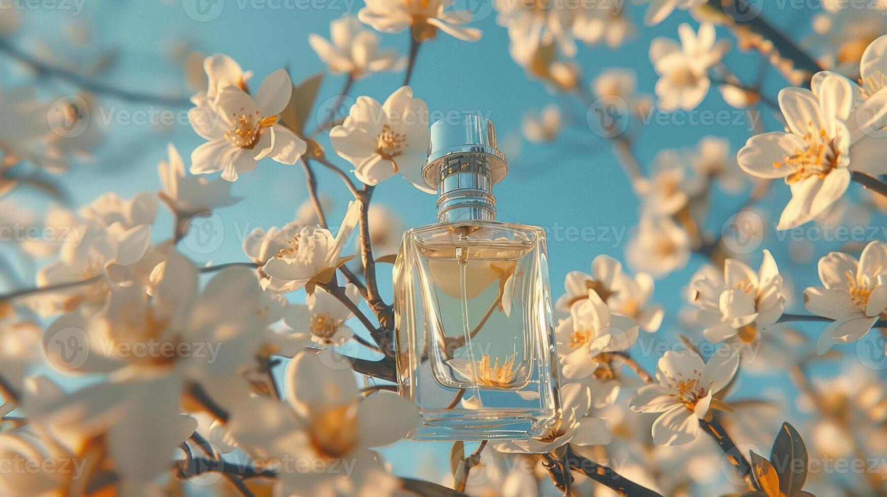 A delicate perfume bottle surrounded by blooming flowers under a clear blue sky photo