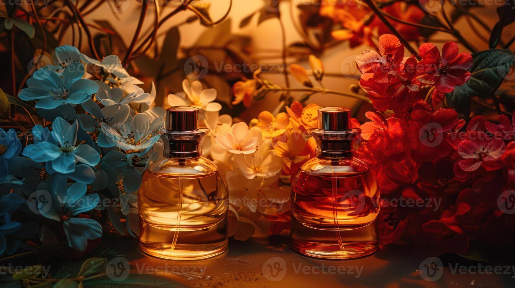 Elegant display of two perfume bottles surrounded by vibrant flowers in a softly lit setting photo