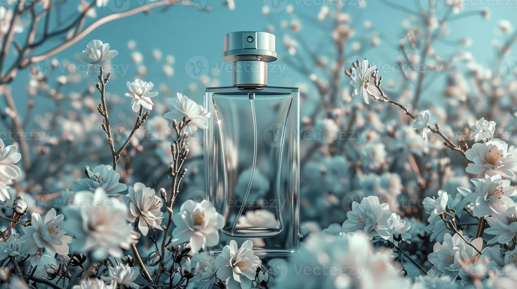 Elegant perfume bottle surrounded by blooming white flowers in a serene, pastel landscape photo