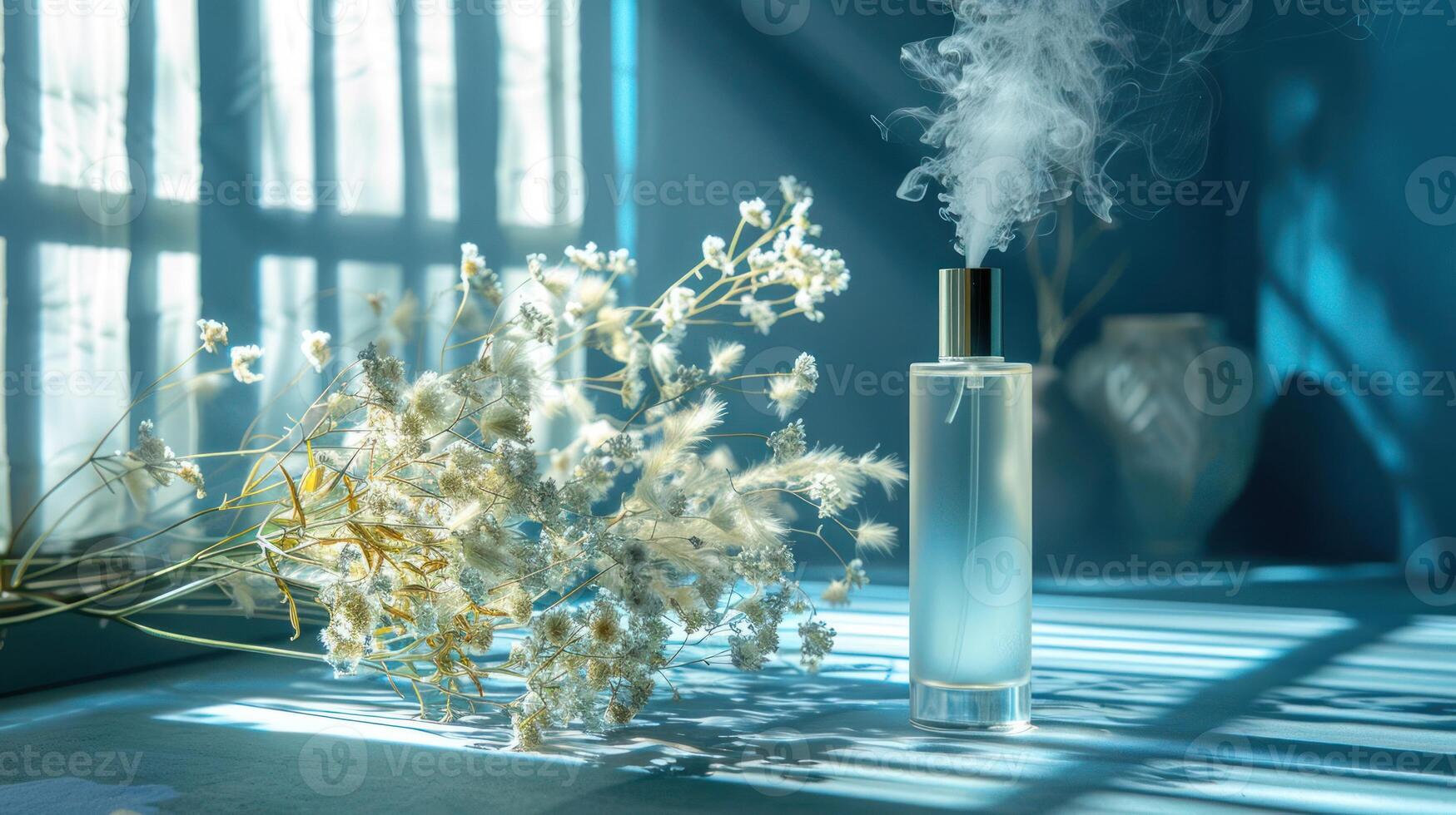 Elegant glass bottle emitting mist surrounded by dried flowers in a serene, sunlit room photo