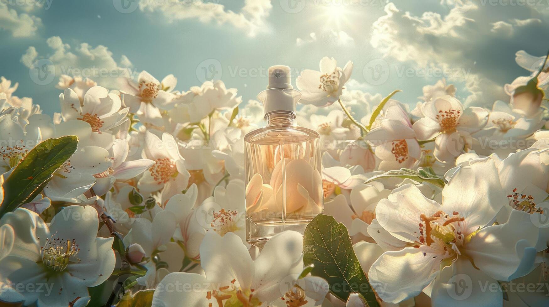 A delicate perfume bottle surrounded by blooming white flowers under a sunny sky photo